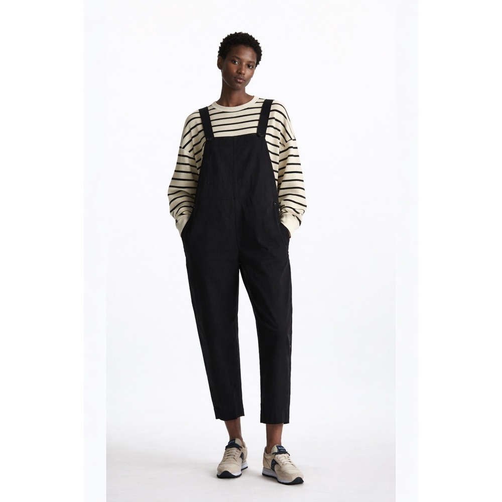 COS Barrel Leg Overalls Womens Medium Black Cotton‎ Twill Minimalist Jumpsuit
